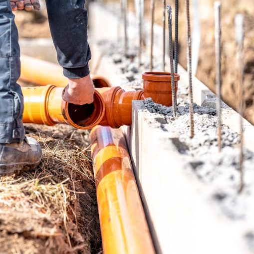 installation of a sewage plastic pipe during the construction of a house.