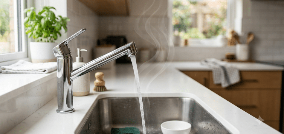 kitchen faucet running water into a stainless steel sink, with a subtle visual cue of wavy odor lines rising from the water stream to suggest a smell