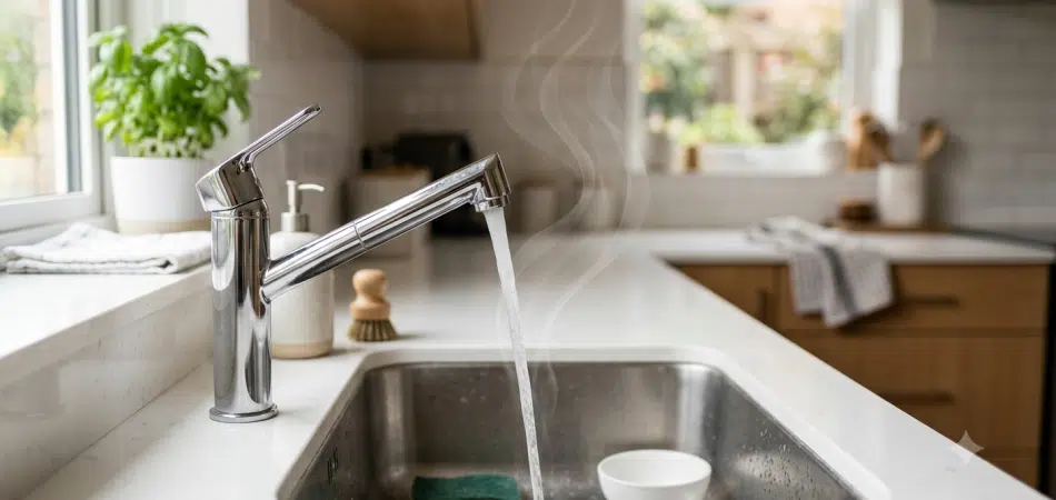kitchen faucet running water into a stainless steel sink, with a subtle visual cue of wavy odor lines rising from the water stream to suggest a smell