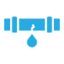 Blue icon of a water pipe with a crack in the center, leaking a single drop of water against a light background.