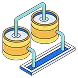 Isometric illustration of a water filtration or storage system with multiple yellow cylindrical tanks connected by blue pipes.