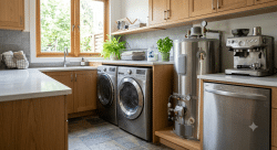 modern residential laundry room and utility space featuring a front-loading washing machine, stainless steel water heater, dishwasher, and coffee maker.
