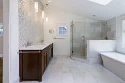 modern walk-in showers with dark wood vanity