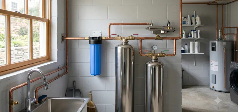 modern whole-home water filtration system installed in a clean residential basement