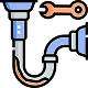 Icon of a curved drain pipe with a wrench, illustrated in blue, orange, and black line art style.