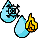 Two blue water droplets, one with a snowflake symbol representing cold and the other with a flame symbol representing heat.