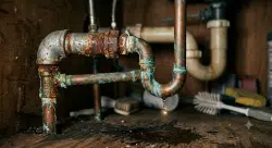 old galvanized steel and copper water pipes under a kitchen sink, showing visible corrosion, mineral staining, and a slow water drip
