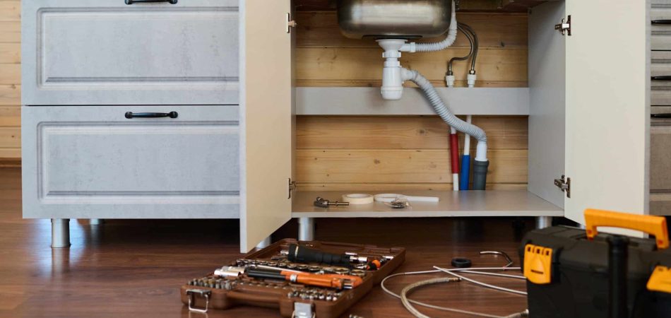 open cabinet of kitchen counter with metallic sink