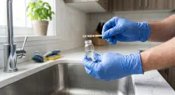 pair of hands in blue nitrile gloves holding a water sample vial and testing strip over a kitchen sink,