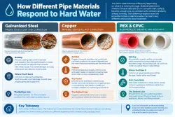 Infographic compares how galvanized steel, copper, and PEX/CPVC pipes respond to hard water, detailing buildup, corrosion, and key takeaways for each material.