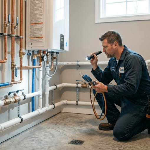 plumbing system with organized PEX water lines, PVC drain pipes, modern shutoff valves, a high-efficiency water heater, and professionally installed fixtures.