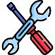 A blue wrench crossed with a red screwdriver creating a sharp contrast icon