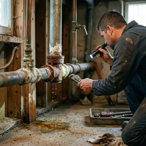 professional plumber inspecting aging plumbing infrastructure