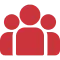 Red icon of three people, with one large figure in the center and two smaller figures on either side, representing a group or community.