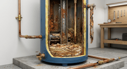 residential hot water heater revealing severe internal corrosion, rust buildup, mineral sediment accumulated at the bottom of the tank