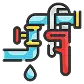 Illustration of a leaking pipe with a wrench and valve, showing a water droplet falling from the joint.