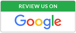 Rectangular badge with a green top displaying 'Review us on' and a white bottom featuring the Google logo icon