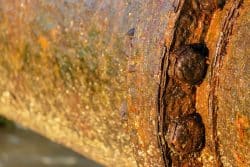 Close-up view of a large, rusted metal pipe with corroded bolts and surface texture, resembling the effects often seen in clogged drains in Maryville due to prolonged weathering and oxidation.
