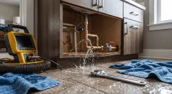 severe residential plumbing emergency involving a cracked bathroom supply line beneath a modern vanity in a Maryville, Tennessee home