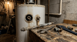 showing a metal anode rod partially removed and resting on a workbench next to a wrench and pipe fittings, in a dim basement utility setting.