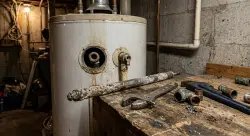 showing a metal anode rod partially removed and resting on a workbench next to a wrench and pipe fittings, in a dim basement utility setting.