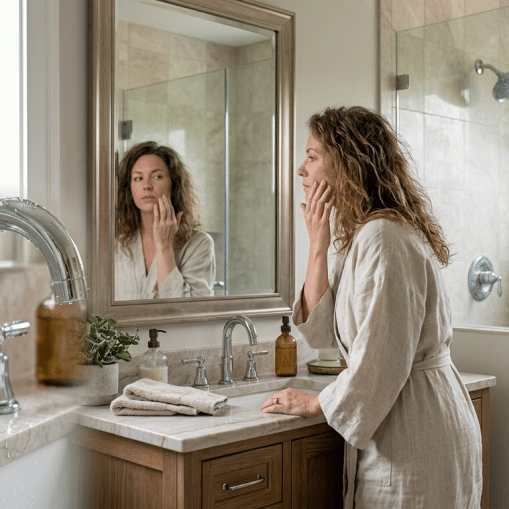 single adult examines dry, frizzy hair and lightly touches slightly dry skin while standing beside a vanity