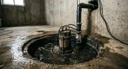 submersible sump pump positioned inside a flooded stone pit. A thick black hose connected to the pump funnels groundwater out through a hole in a stone wall