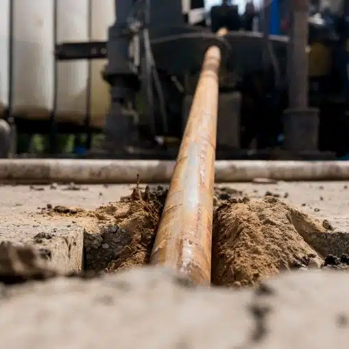 Low angle view of Horizontal directional drilling technology. Drilling machine work process. Trenchless laying of communications, pipes and water pipes. Close up