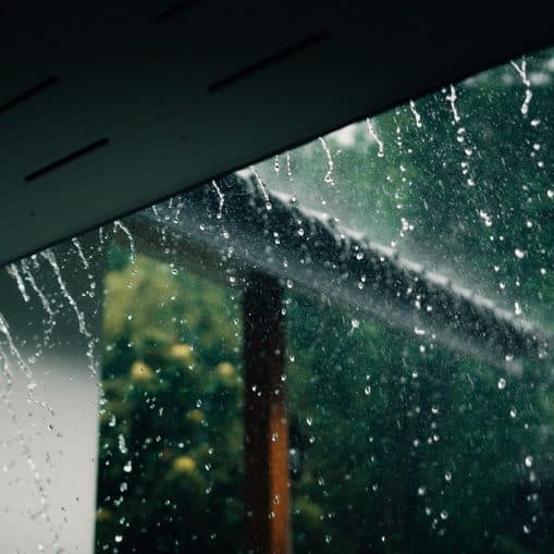 Rainwater streaming down a window, with greenery and part of a roof visible outside through the glass—an everyday scene where seasonal rainfall in Knoxville affects drain performance.