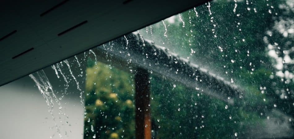 Rainwater streaming down a window, with greenery and part of a roof visible outside through the glass—an everyday scene where seasonal rainfall in Knoxville affects drain performance.