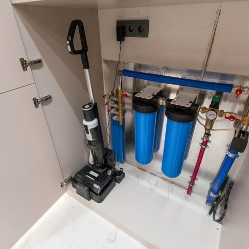 Water filter housing. Drinking Water System. Osmosis water purification filter for home use. healthy lifestyle. High quality photo