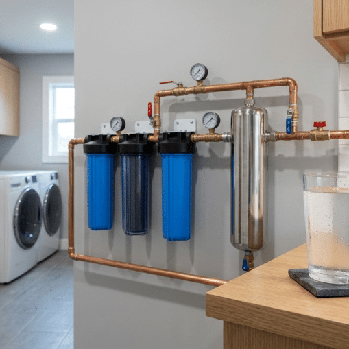water filtration system installed on a copper main water line