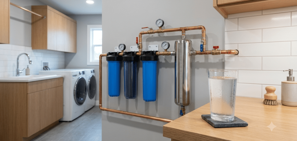 water filtration system installed on a copper main water line