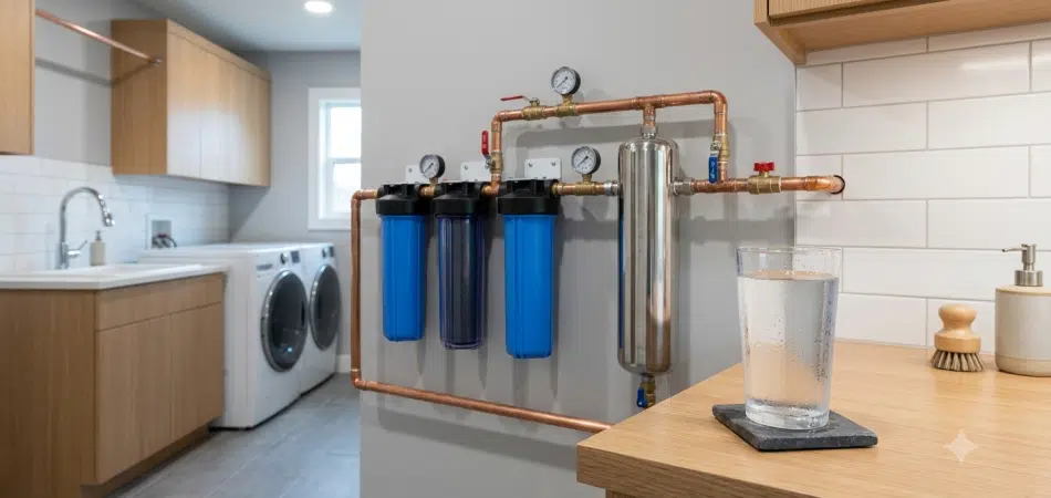 water filtration system installed on a copper main water line