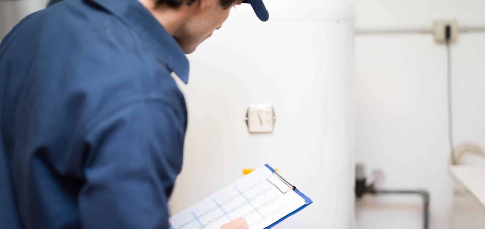 worker doing water heater inspection