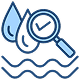 Blue icon of two water droplets with a magnifying glass and check mark