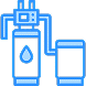 Blue neon-style icon of a water filtration system showing a vertical filter with a water droplet symbol, connected to a rectangular tank