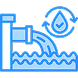 Blue icon of water management: a pipe releases water into a wave, with a droplet and recycling arrows above